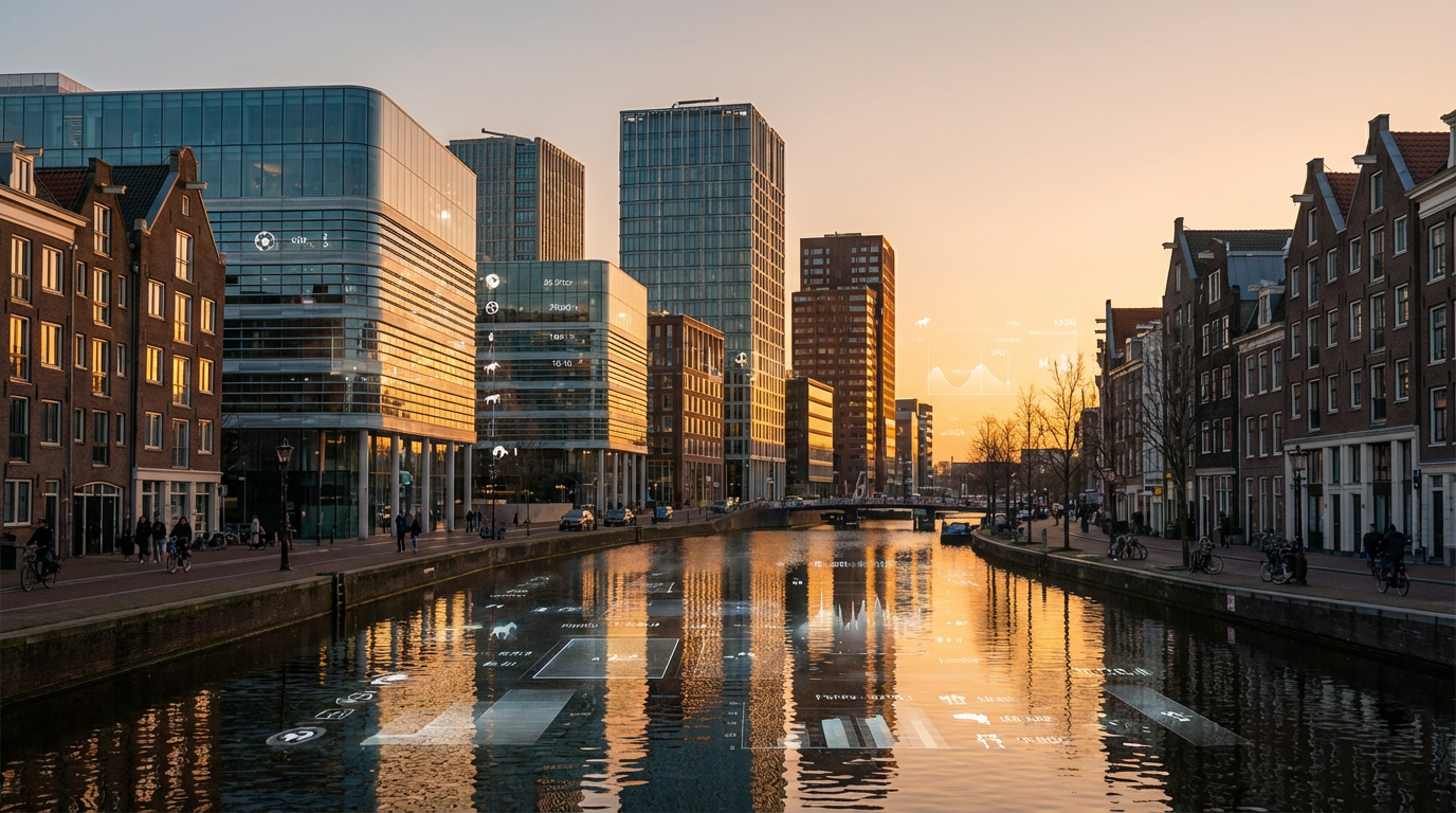 Nederlandse grachtenhuizen bij zonsondergang met digitale sports betting elementen