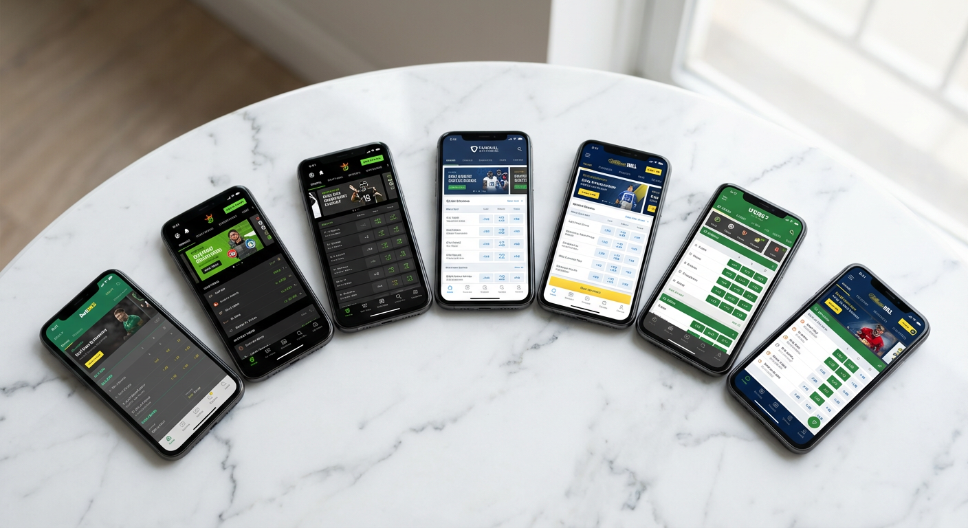Meerdere smartphones met verschillende bookmaker apps op een marmeren oppervlak
