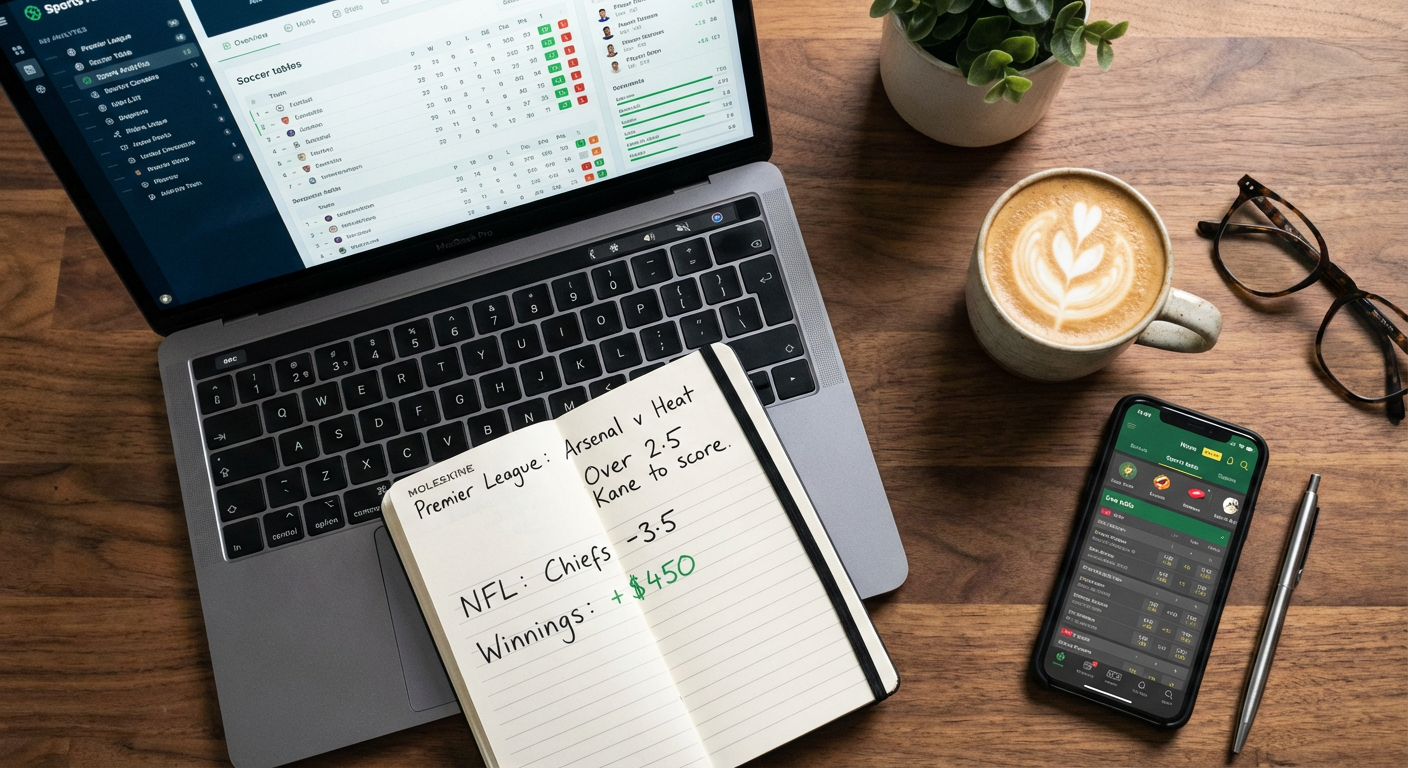 Bureau met laptop, notitieboek en smartphone met bookmaker app - wedden strategie