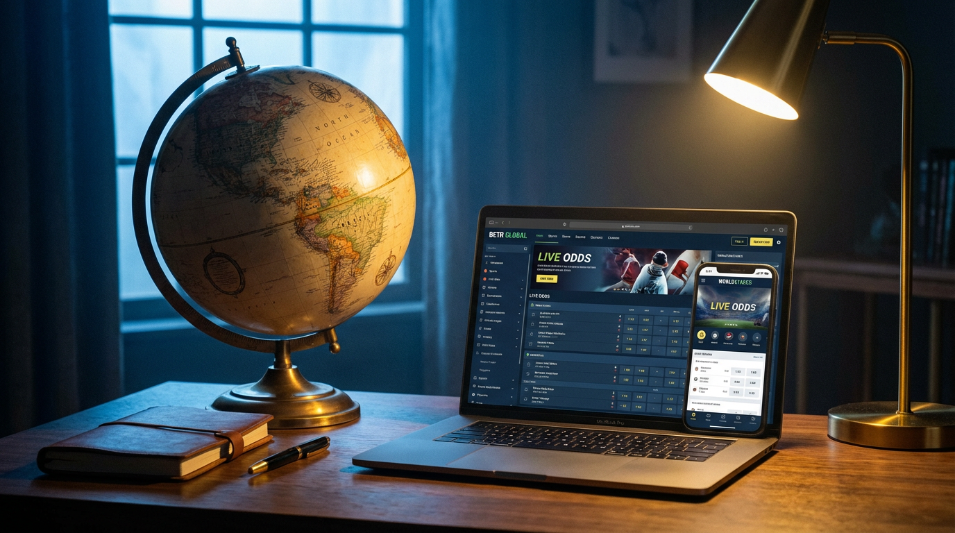Wereldbol op modern bureau met laptop en smartphone met internationale betting platforms