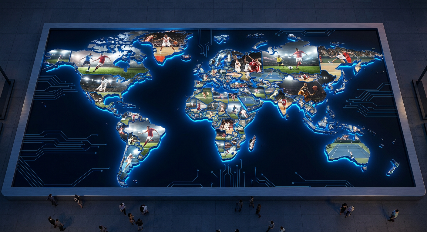 Wereldkaart met digitale schermen en sportbeelden - internationaal wedden