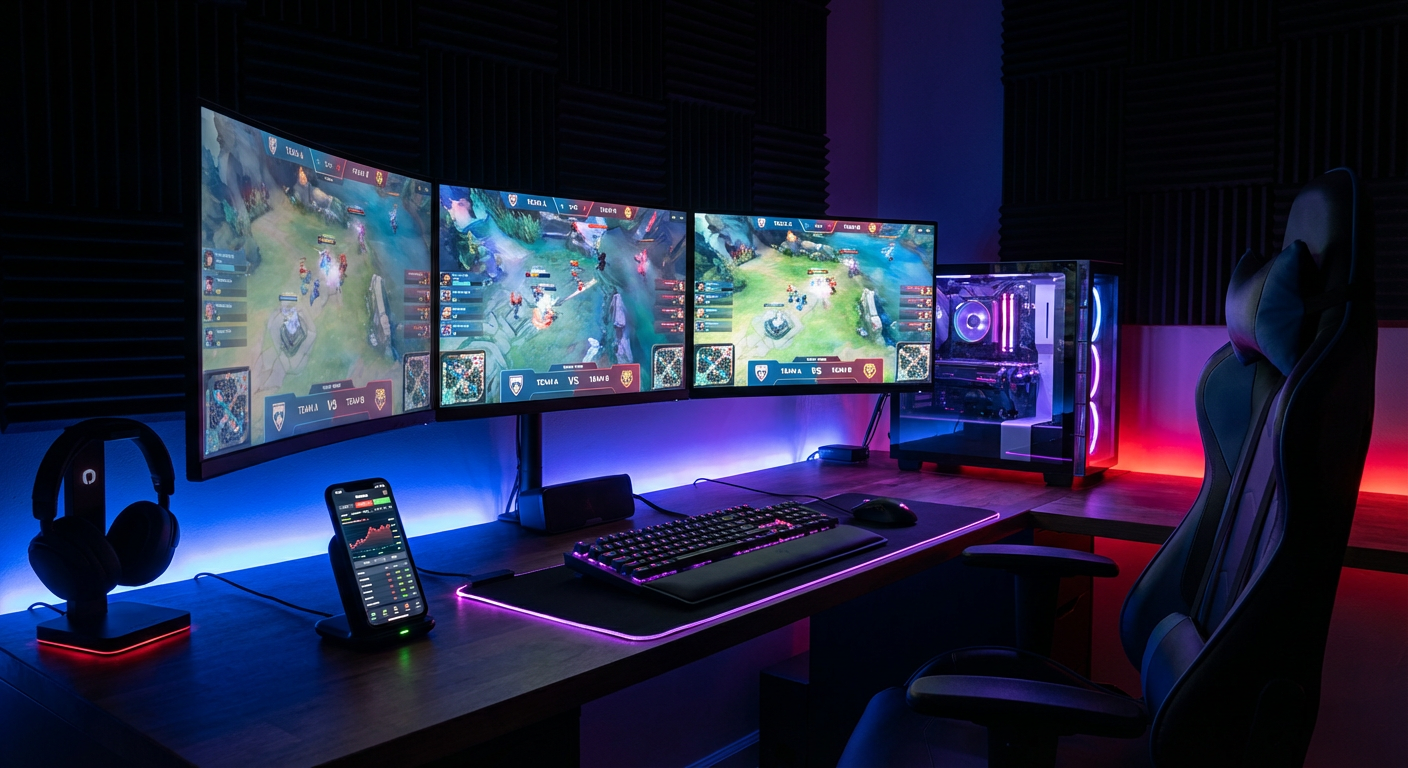 Gaming setup met meerdere monitoren, RGB verlichting en smartphone met betting app