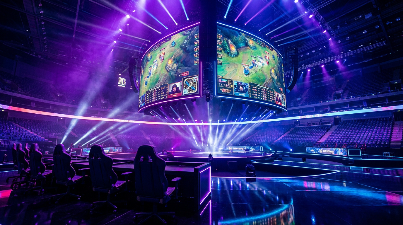 Professionele esports arena met grote LED-schermen en neon verlichting
