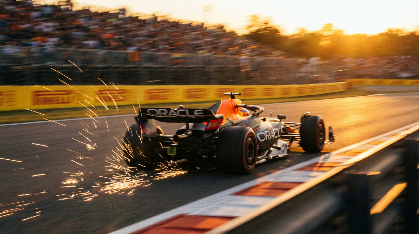Formule 1 racewagen op hoge snelheid op het circuit bij zonsondergang