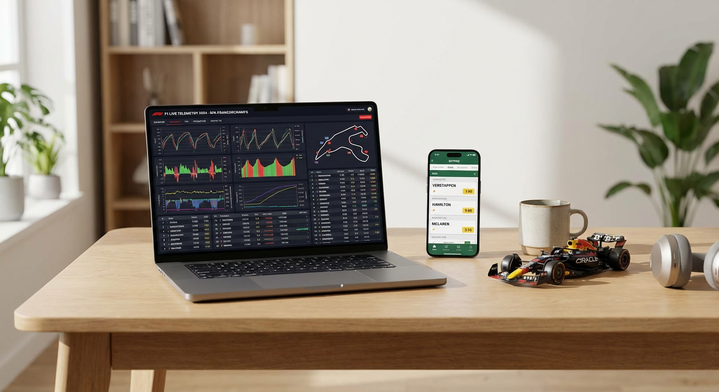 Laptop met F1 racestatistieken en smartphone met bookmaker odds op een modern bureau