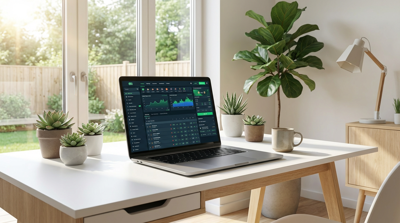 Moderne werkplek met nieuwe laptop en bookmaker interface, groene planten