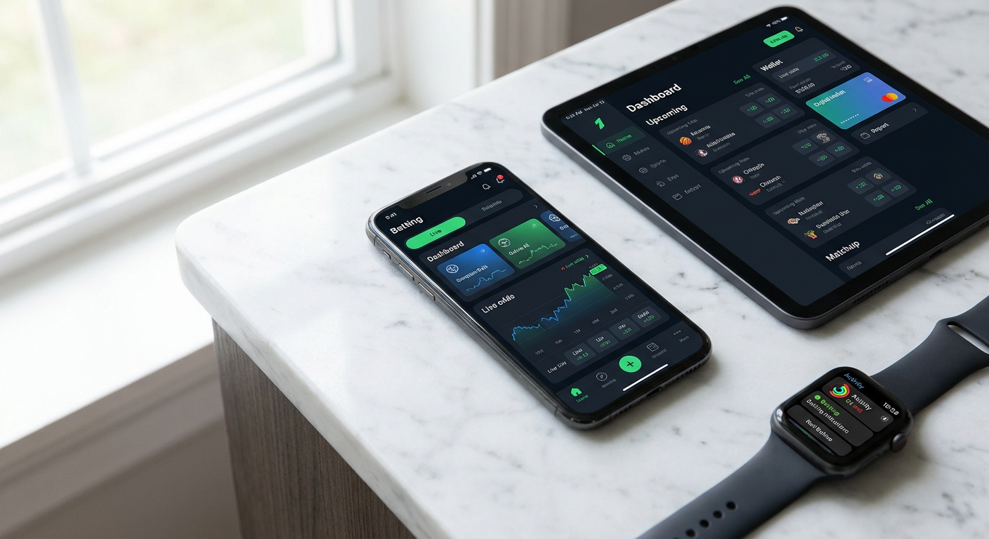 Smartphone, tablet en smartwatch met moderne betting apps op wit marmeren oppervlak