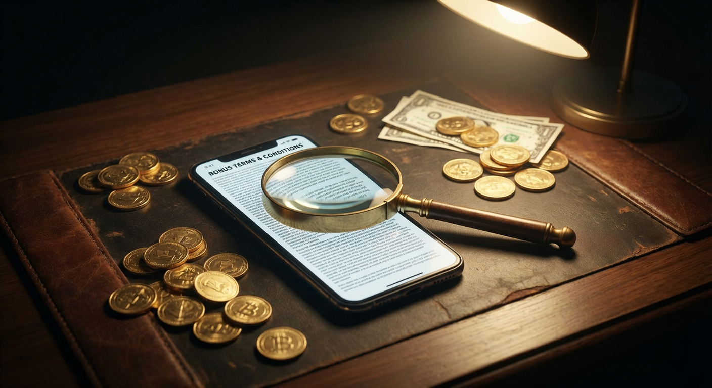 Vergrootglas over smartphone met bonusvoorwaarden, gouden munten op donker bureau
