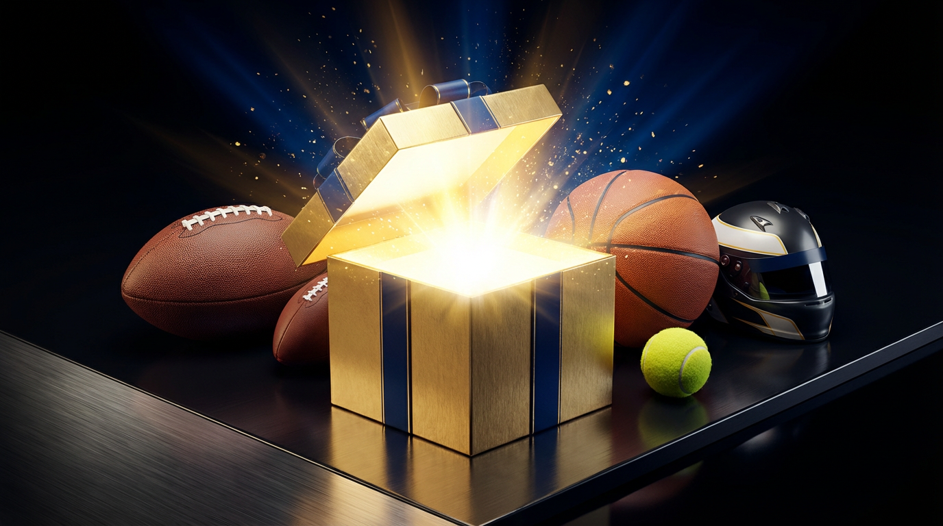 Gouden cadeaubox met sportartikelen op luxueus donker oppervlak