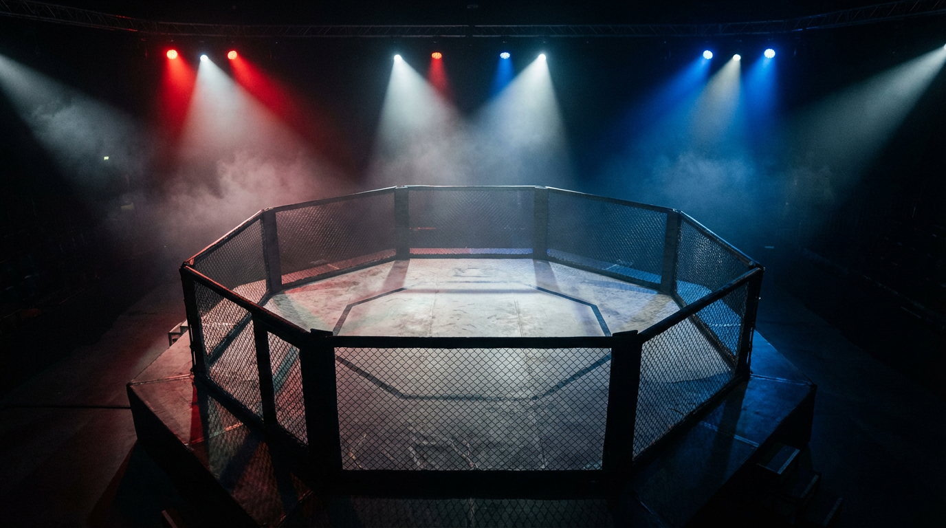 Lege MMA octagon kooi onder dramatische spotverlichting