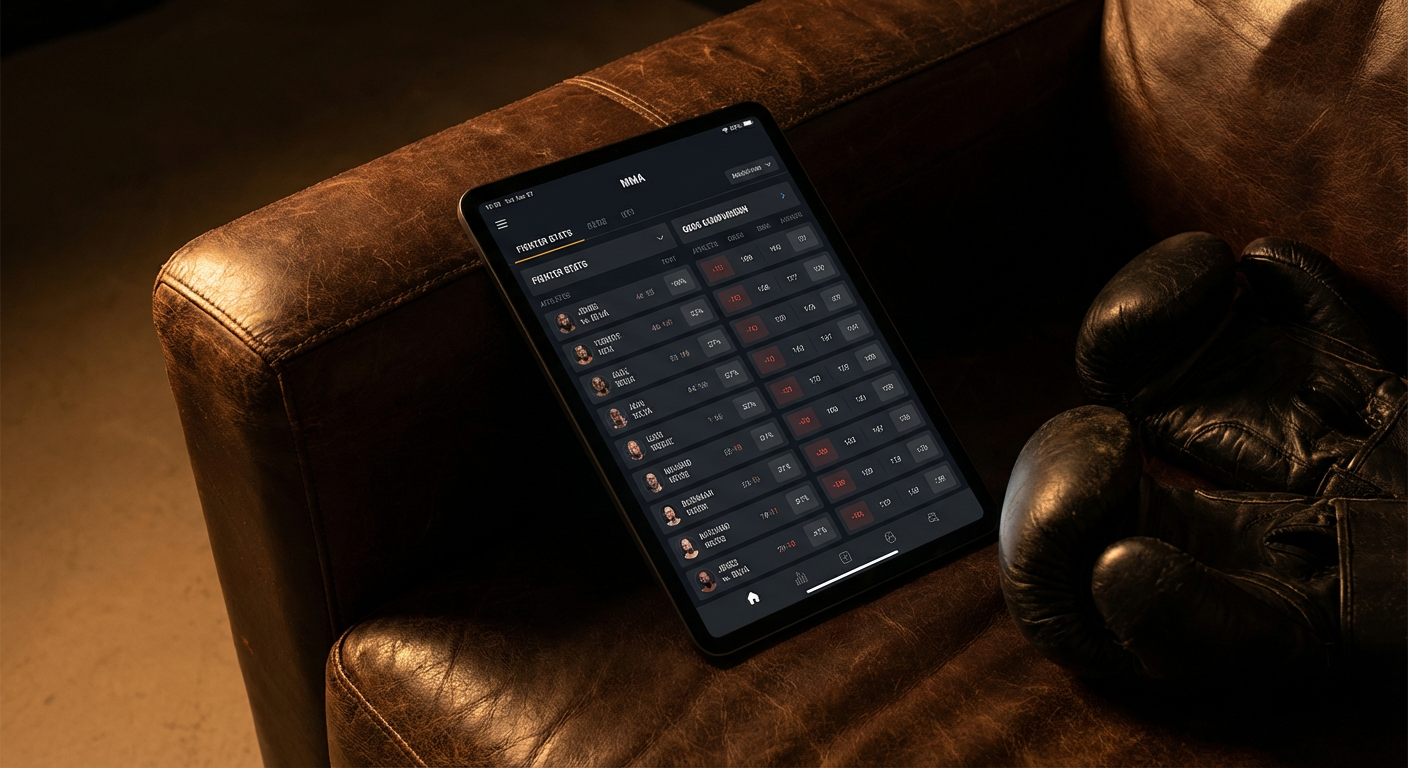 Tablet met MMA fighter statistieken en odds, bokshandschoenen op donker leer