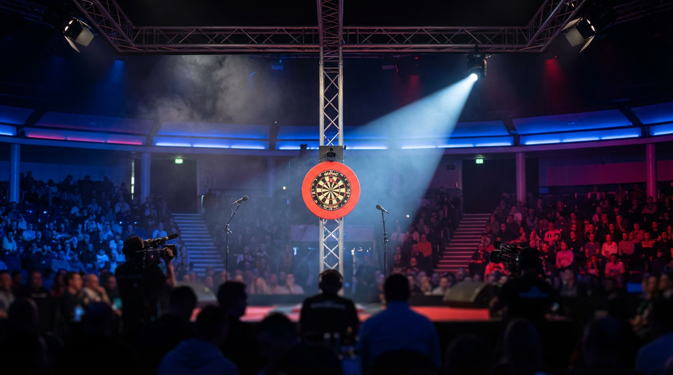 Professioneel dartbord met drie darts in de triple 20 onder dramatische podiumverlichting