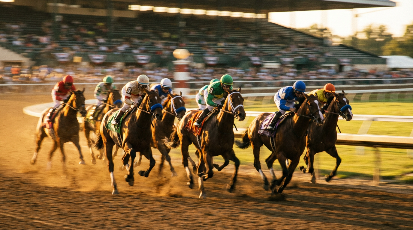 Racepaarden in galop op de renbaan bij zonsondergang