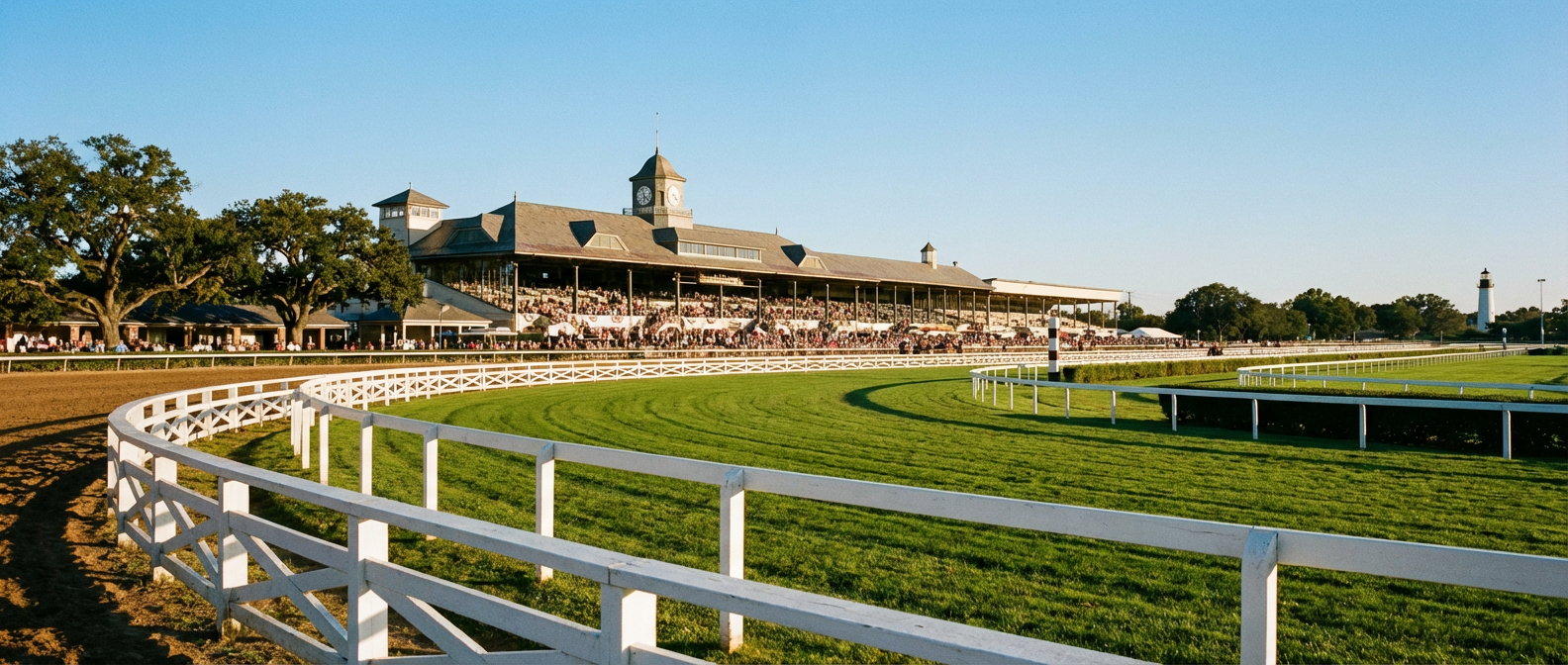 Prachtige paardenrenbaan met groene binnenveld en tribune op achtergrond