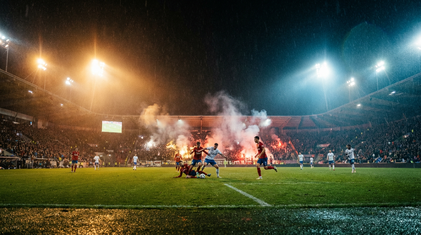 Voetbalstadion bij nacht met dramatische schijnwerpers en groen veld