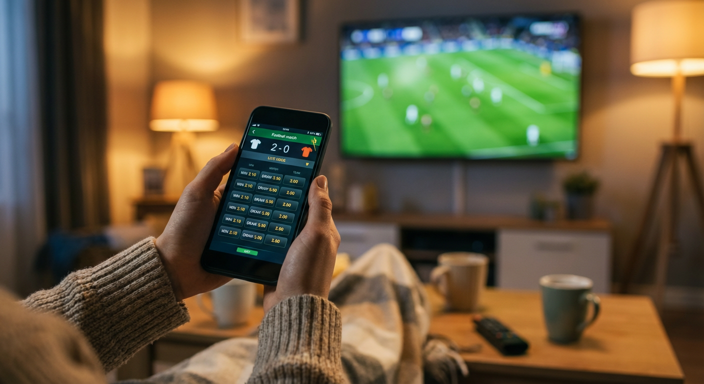Handen die smartphone vasthouden met live voetbal odds, TV met wedstrijd op achtergrond