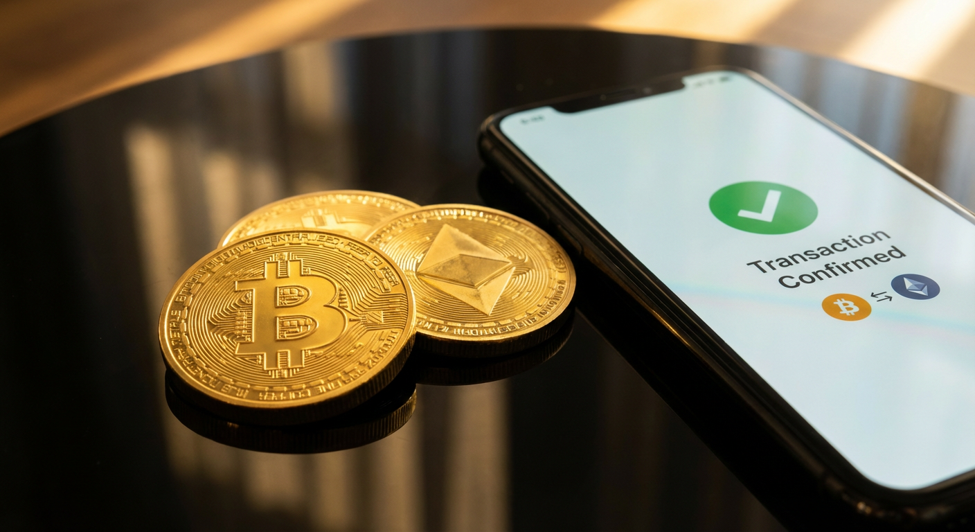 Bitcoin en Ethereum munten naast smartphone met crypto betalingsbevestiging