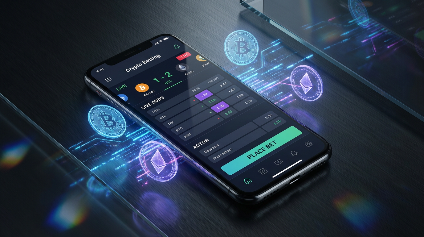 Smartphone met crypto betting interface en holografische Bitcoin symbolen